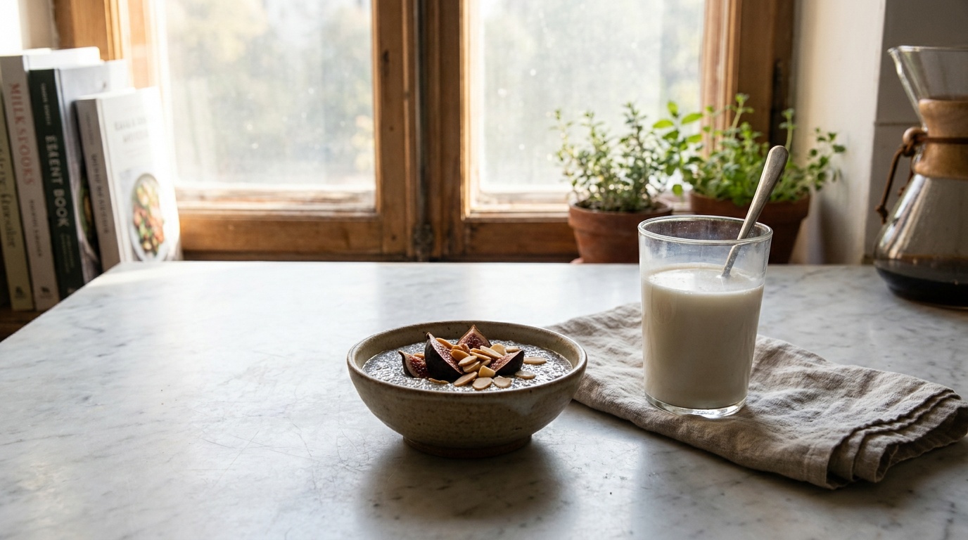 A bowl of chia pudding topped with fresh figs and almonds beside a glass of fortified plant milk, soft natural morning light