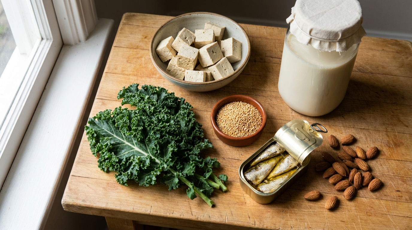 Plant-based calcium-rich foods for pregnancy arranged on a wooden cutting board: calcium-set tofu cubes, fortified soy milk, kale, sesame seeds, sardines, and almonds