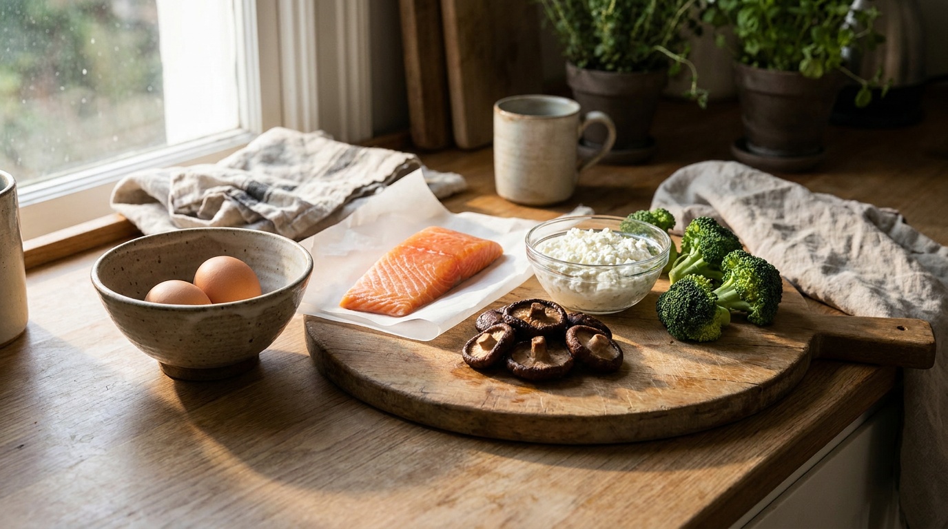Choline-rich pregnancy foods: eggs, salmon, shiitake mushrooms, cottage cheese and broccoli on a wooden kitchen counter