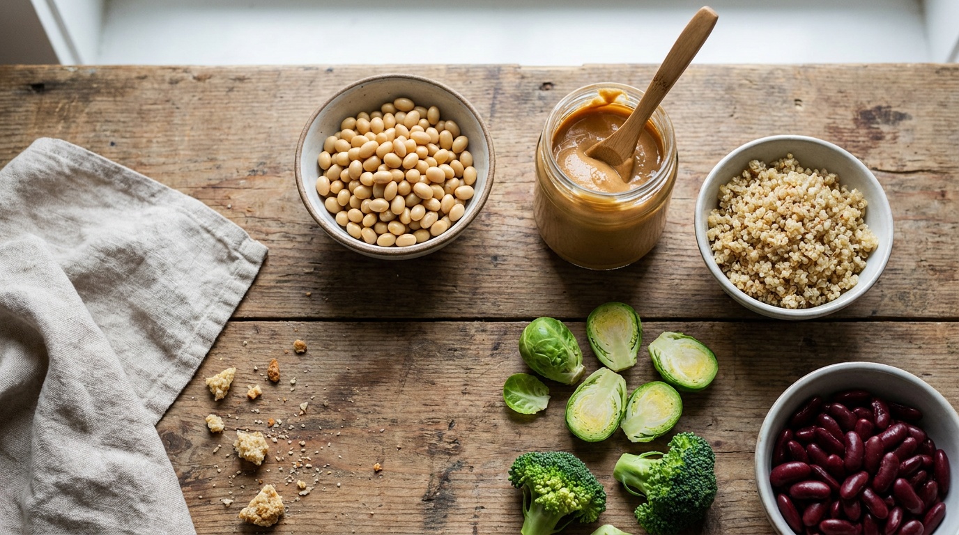Vegetarian choline sources for pregnancy: soybeans, peanut butter, quinoa, brussels sprouts, broccoli and kidney beans on a wooden surface