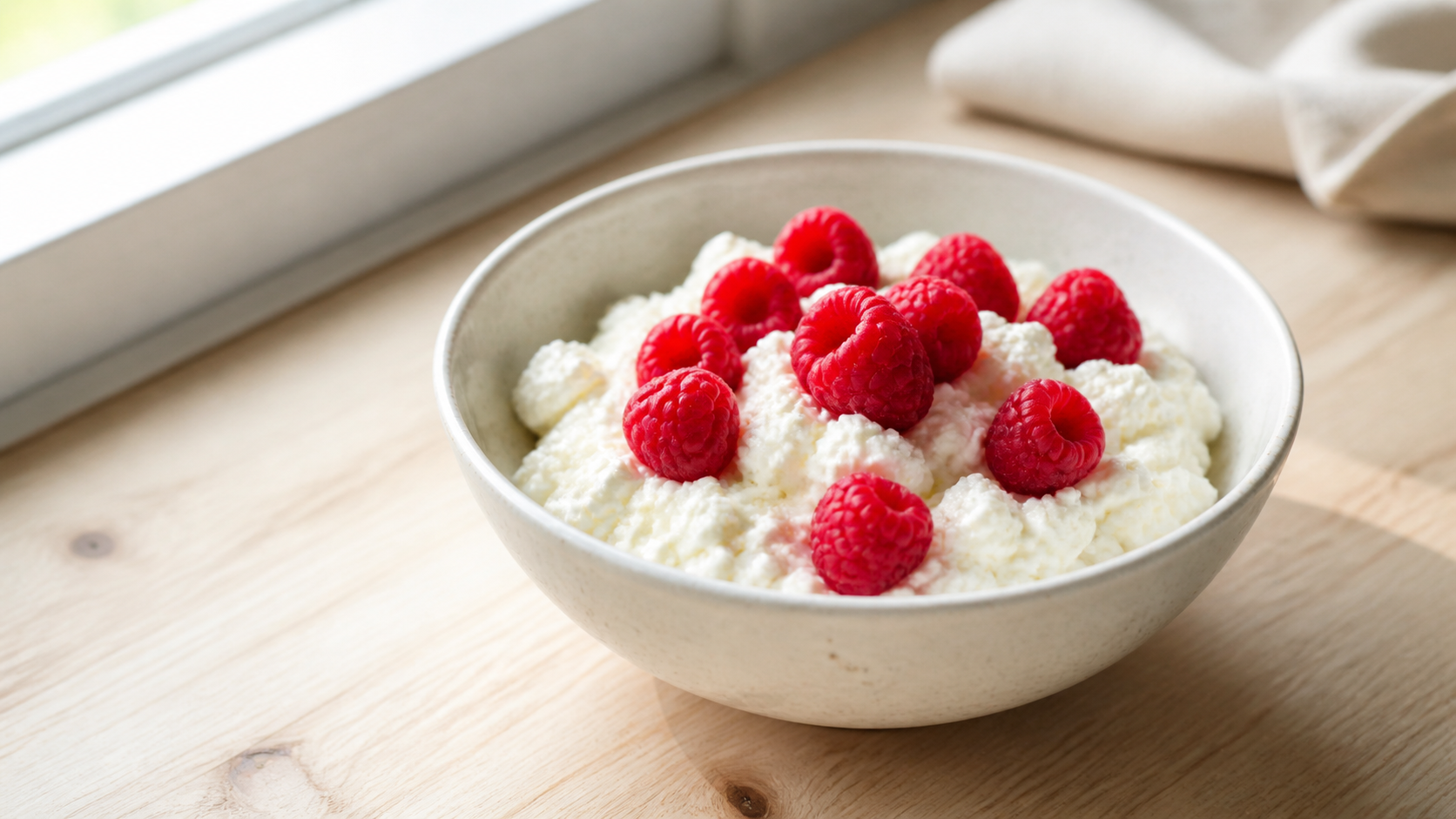 Bowl of cottage cheese with raspberries and a spoon on a light wooden surface