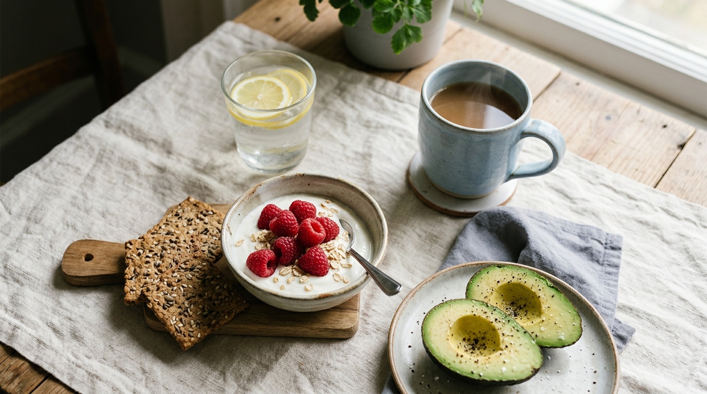 Overhead editorial photo of a first-trimester-friendly breakfast on a cream linen table: plain Greek yogurt with raspberries, whole-grain crackers, half an avocado, a glass of lemon water, a small ceramic mug of decaf tea, soft morning light, no text or people in frame