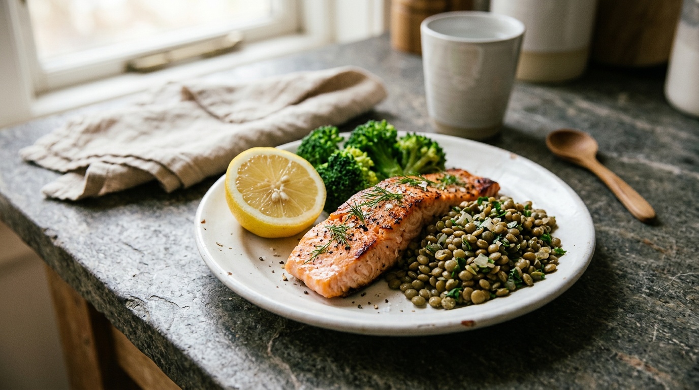 Editorial close-up of a small white plate with cooked salmon, steamed broccoli, lentils, and half a lemon on a stone countertop, soft daylight, calm muted tones, no text or people in frame