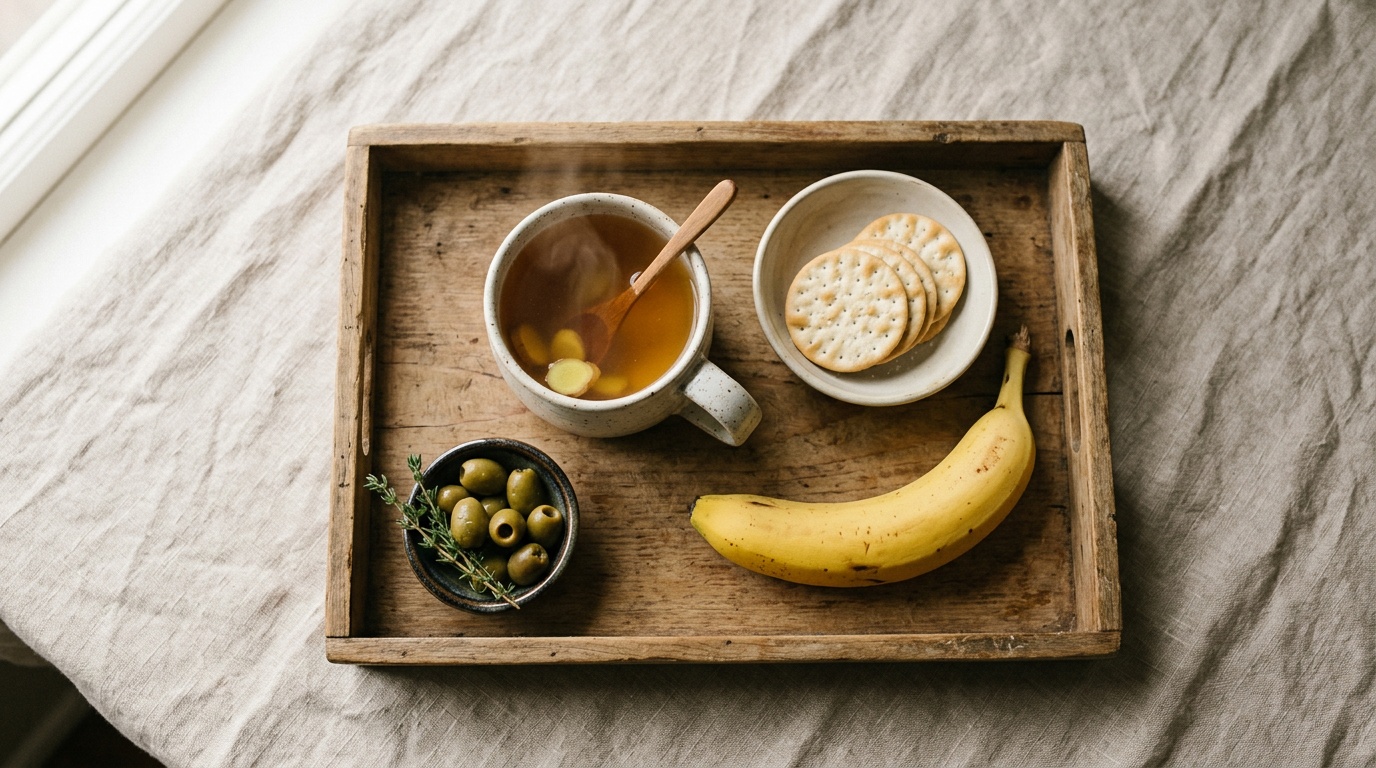 Top-down editorial photo of a wooden tray with ginger tea, plain crackers, a banana, and a small bowl of olives on beige linen, soft morning window light, calm muted tones, no text or people in frame