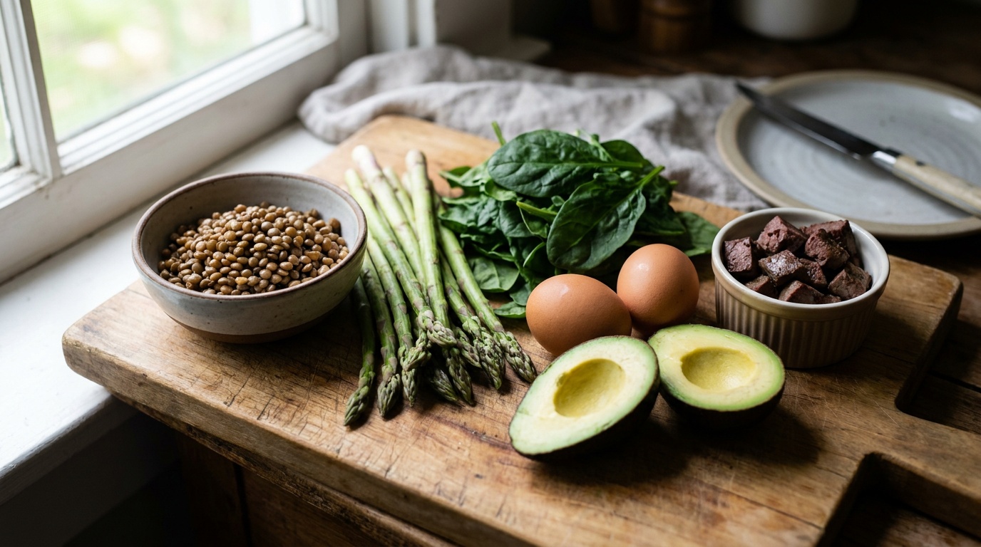 Folate rich foods for pregnancy: cooked lentils, asparagus, spinach, eggs, and beef liver on a wooden cutting board in warm kitchen light