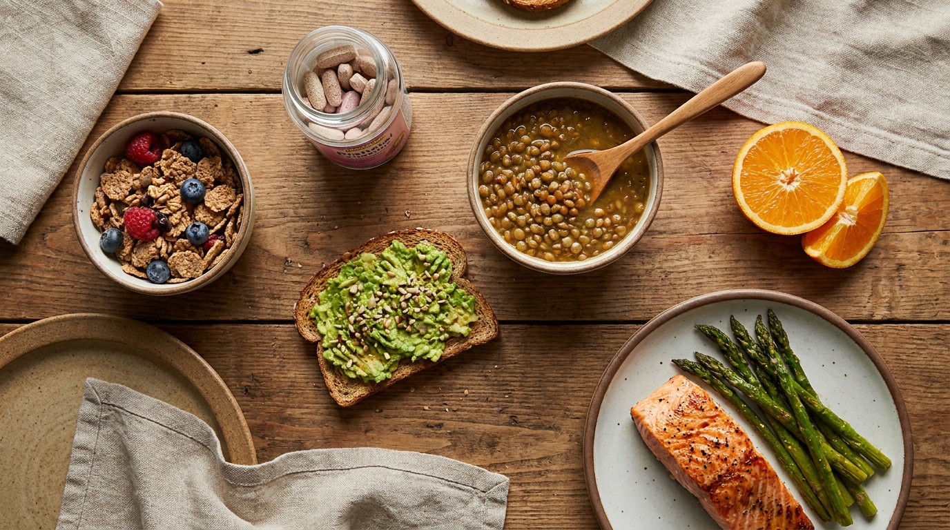 Pregnancy day plan meal layout: fortified cereal, orange, prenatal vitamins, lentil soup, avocado toast, salmon with asparagus