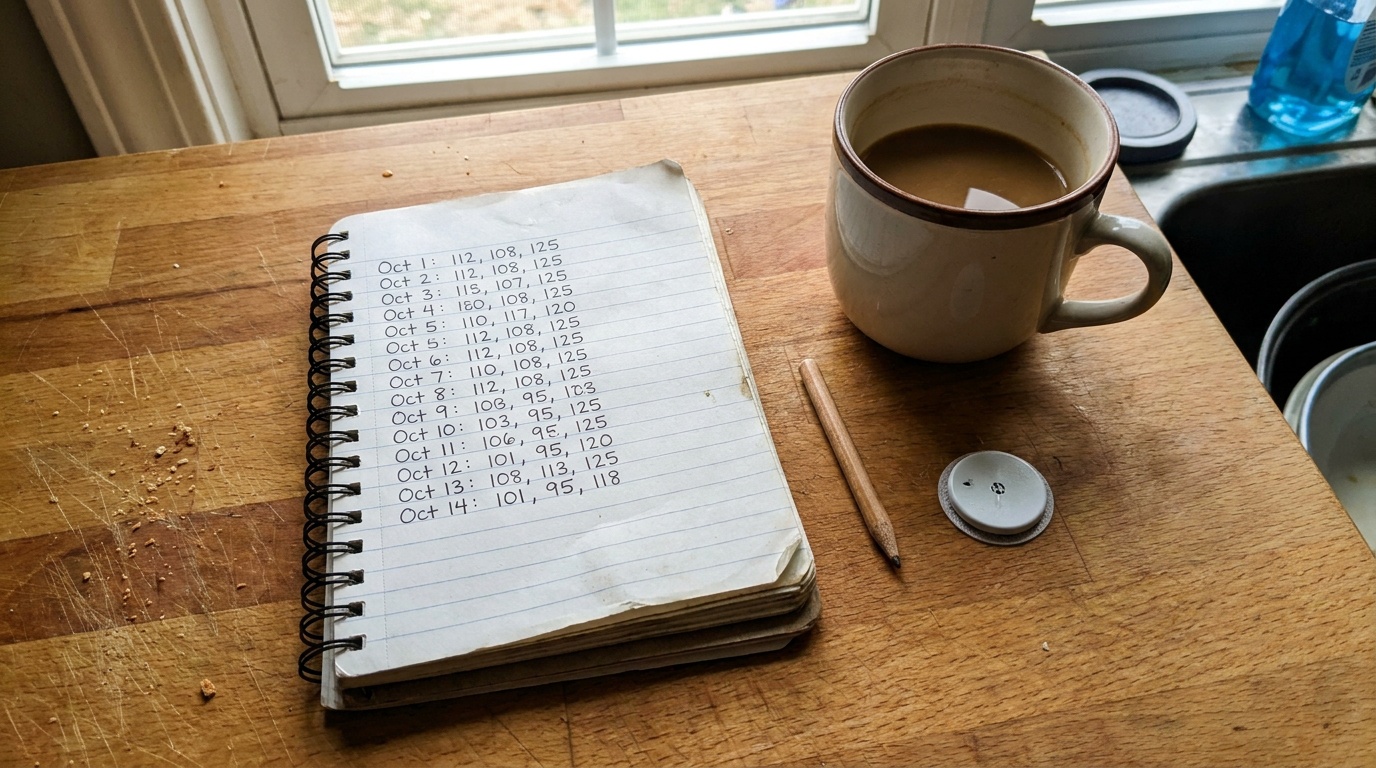 A handwritten 14-day glucose log notebook next to a coffee mug and a continuous glucose monitor sensor on a kitchen counter
