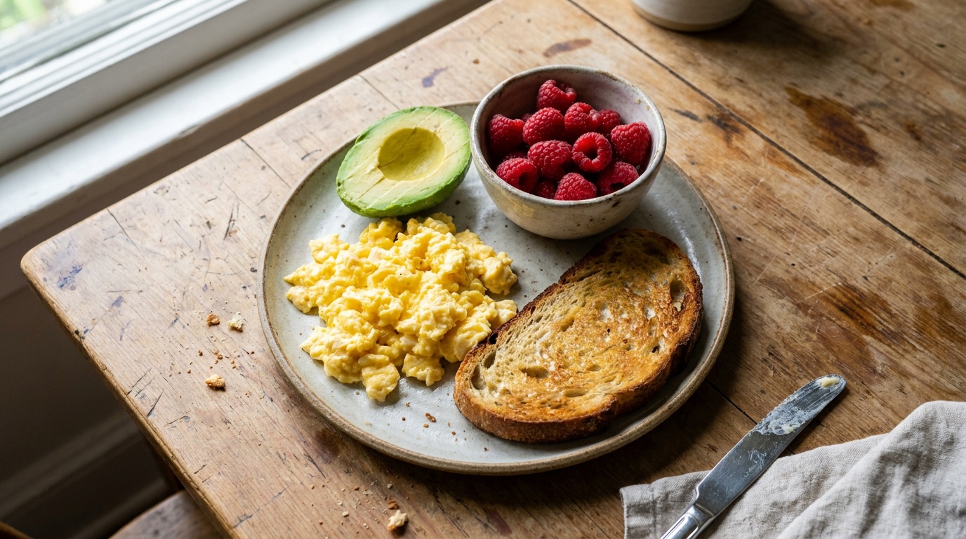 A balanced gestational diabetes breakfast plate: scrambled eggs, half avocado, single slice of sourdough, and a small bowl of raspberries on a wooden table with morning light