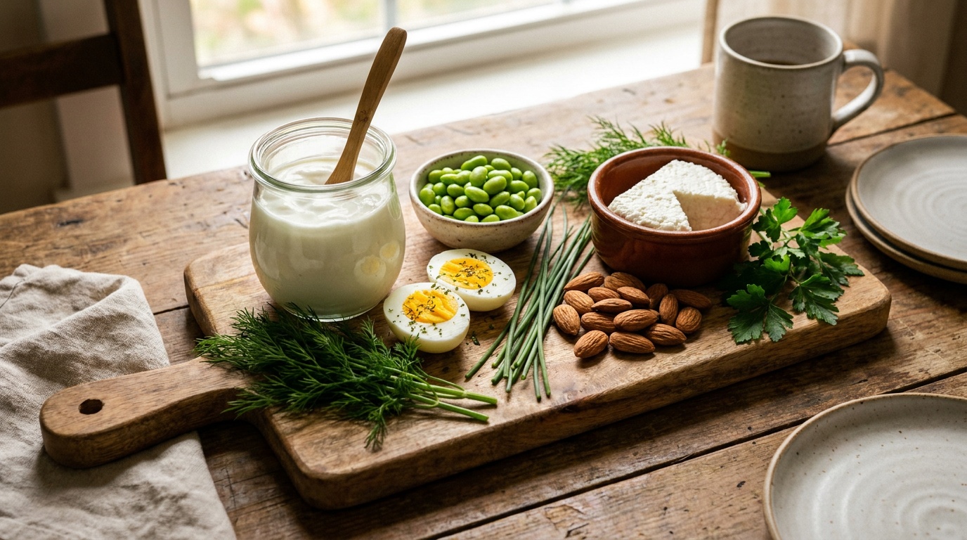 High-protein pregnancy snacks spread on wooden board: greek yogurt, hard boiled eggs, edamame, cottage cheese, and almonds