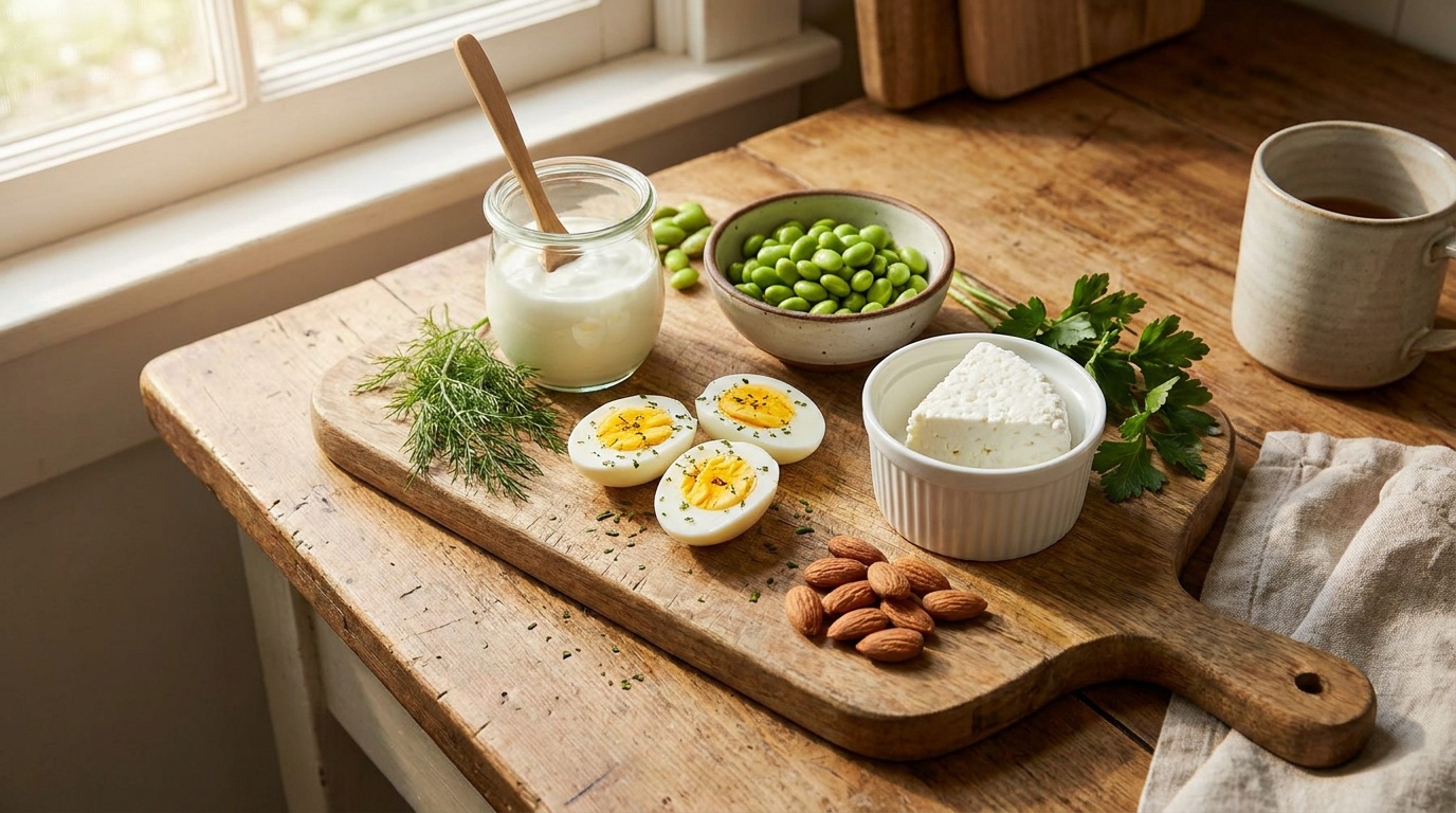 Plant-based pregnancy protein snacks: edamame pods, hummus and crackers, roasted chickpeas, almond butter on apple slices