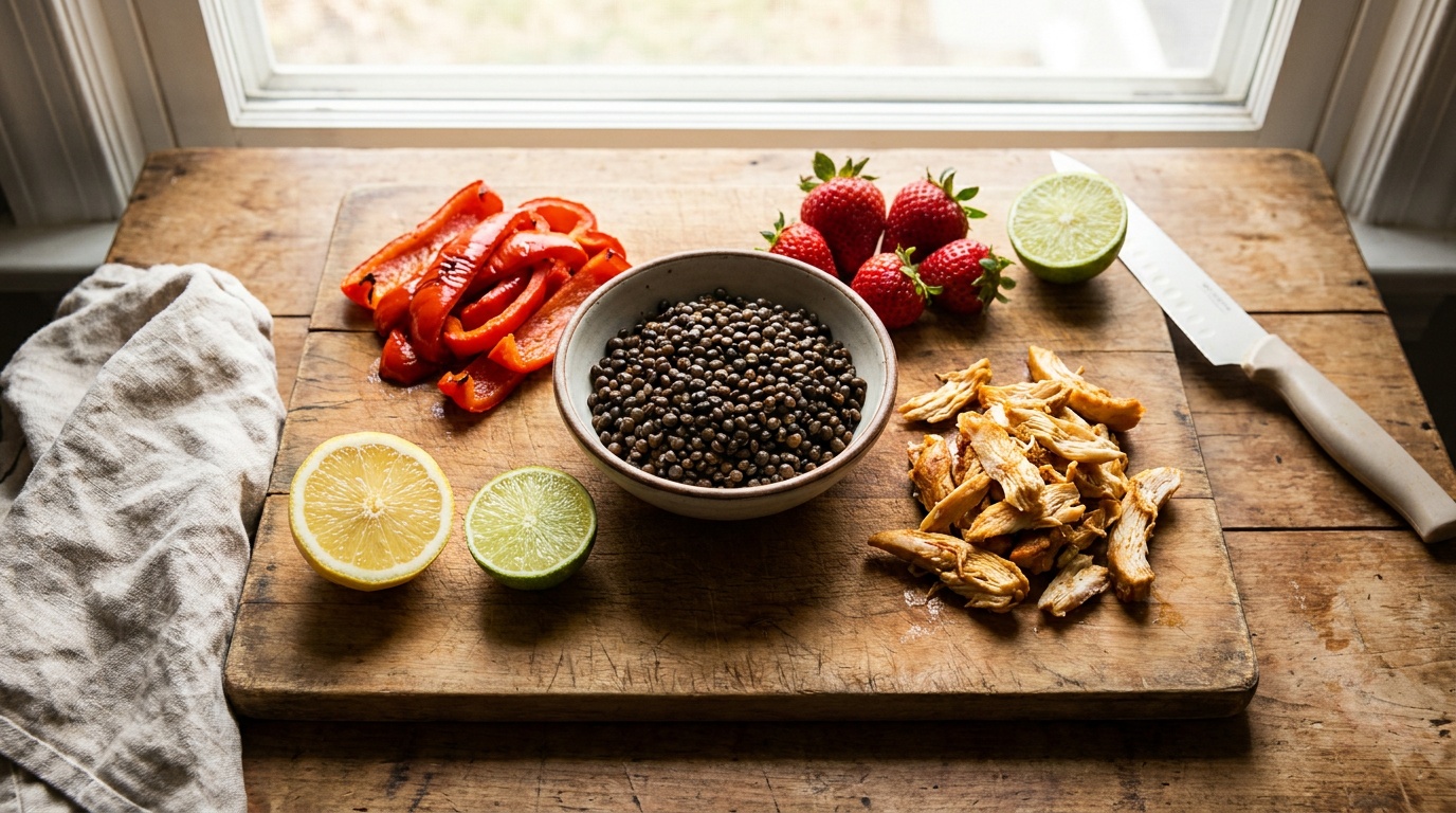 Iron-rich pregnancy meal: lentils with roasted red peppers, sliced strawberries, and shredded chicken