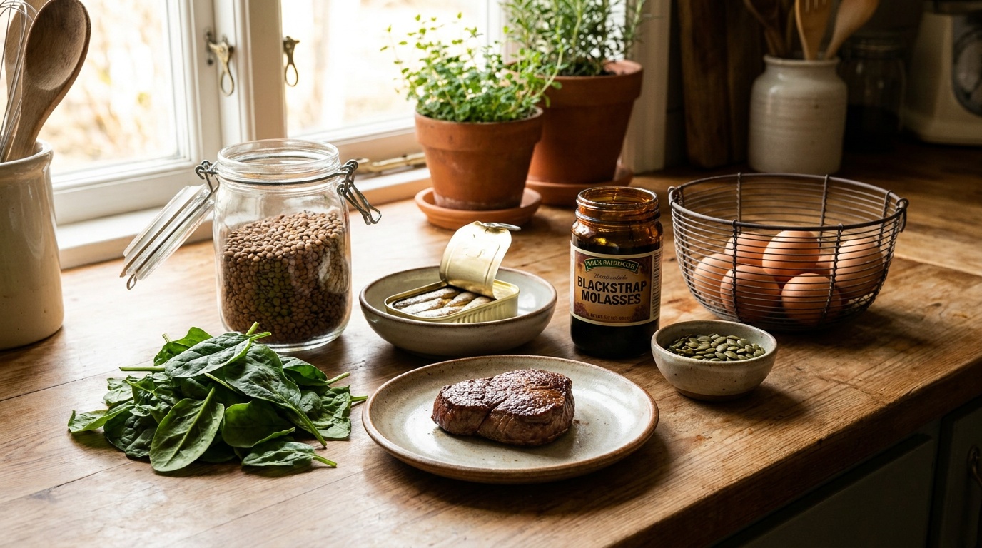 Trimester-by-trimester iron-rich pregnancy foods spread on a kitchen counter