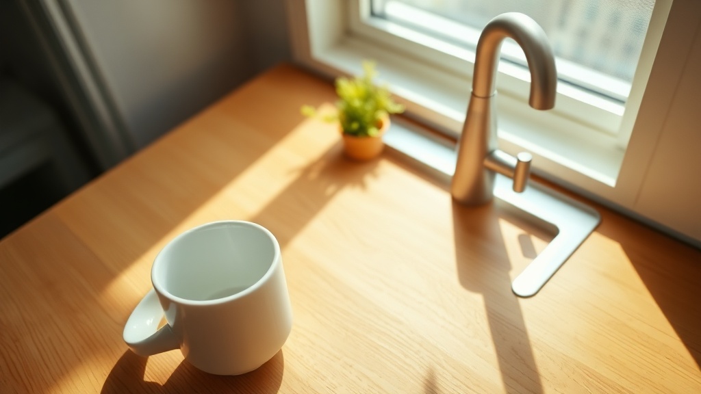 Half-full white ceramic coffee mug abandoned on a sunlit Brooklyn kitchen counter, soft morning light, warm wooden surface