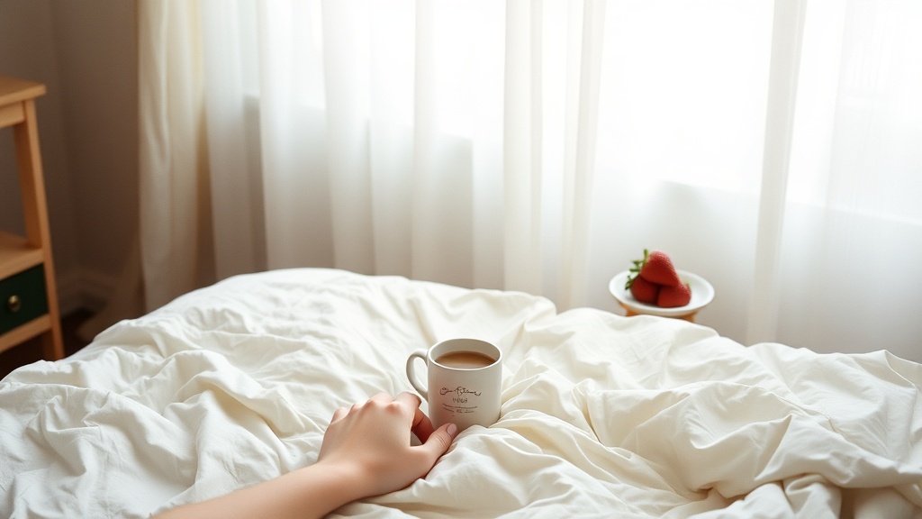 Soft morning light through sheer white curtains in a Brooklyn bedroom, rumpled cream linen sheets, half-empty mug of decaf, a small dish with two strawberries, a hand resting on the duvet, pastel tones, intimate Sunday morning