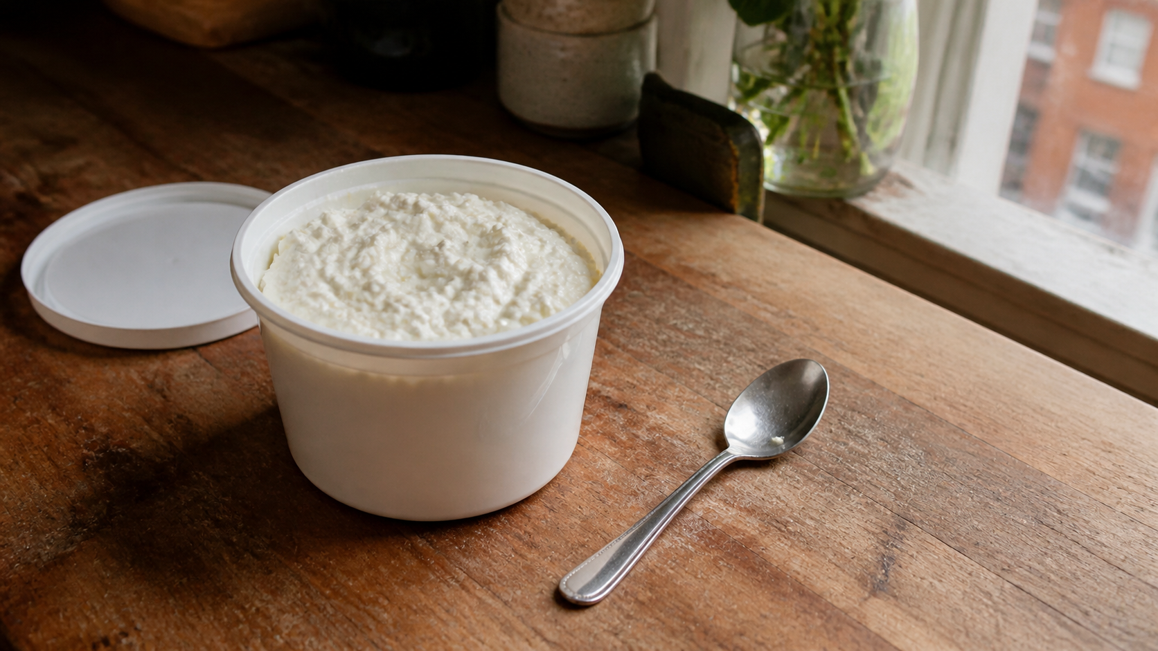 16oz cottage cheese tub, single spoon resting next to it, the spoon clean except for one tiny smear, on a wooden counter, soft morning light, slightly tilted angle like the photo was taken in a hurry, lived-in apartment kitchen