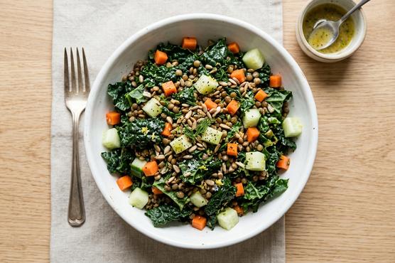 Lentil and kale power salad with roasted chickpeas - iron-rich pregnancy recipe