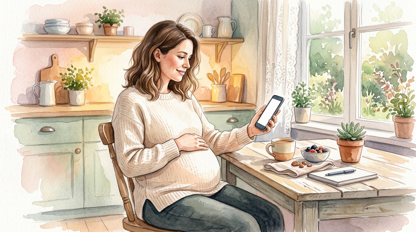 Pregnant person calmly reading a pregnancy app at a sunlit kitchen table
