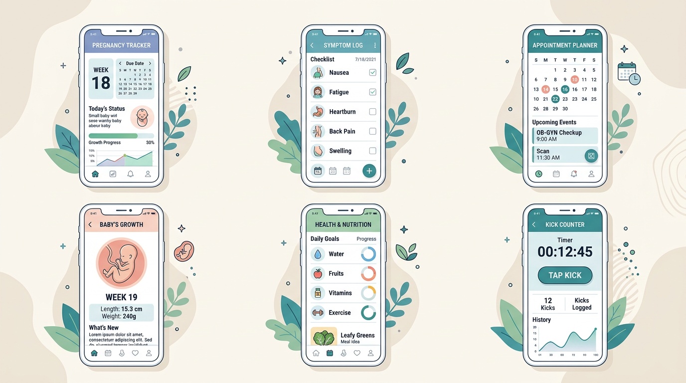 Six pregnancy app interfaces shown side by side for 2026 comparison